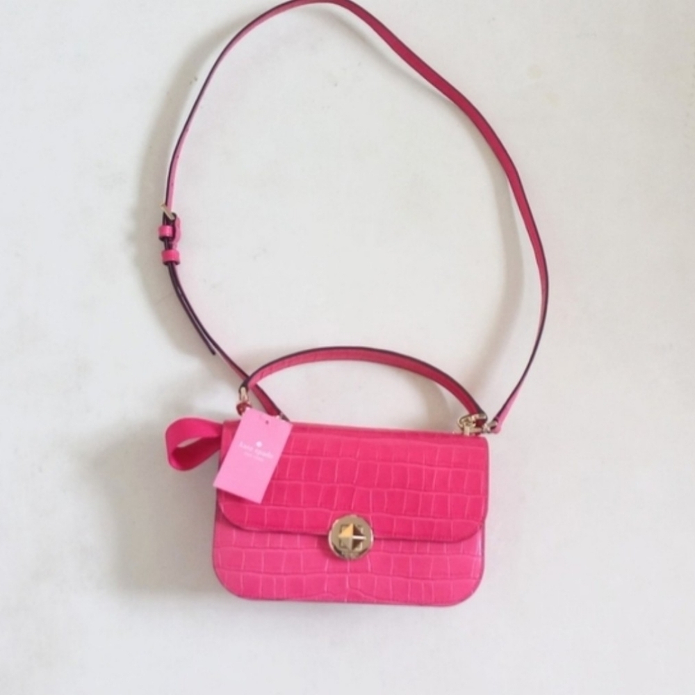 NWT Kate Spade pink Audrey leather croco embossed flap crossbody bag - Picture 7 of 7